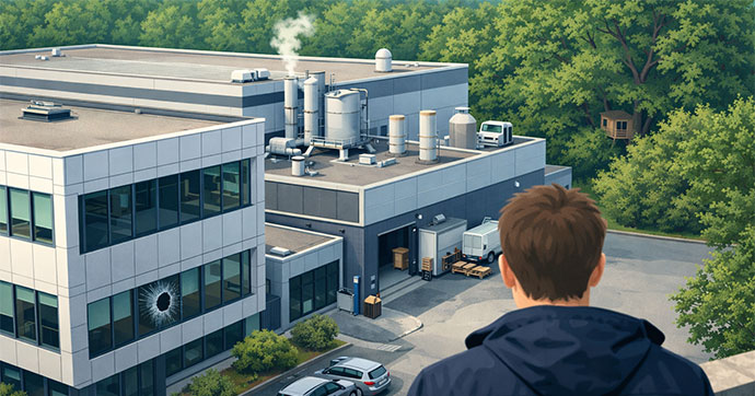 Illustration eines Firmengeländes mit Büro- und Industriegebäude. Eine Person beobachtet die Anlage von oben. Ein kleines kaputtes Fenster symbolisiert eine Schwachstelle, während im Hintergrund ein verstecktes Baumhaus entsteht.