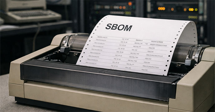 Nadeldrucker druckt eine SBOM auf Endlospapier im Rechenzentrum.