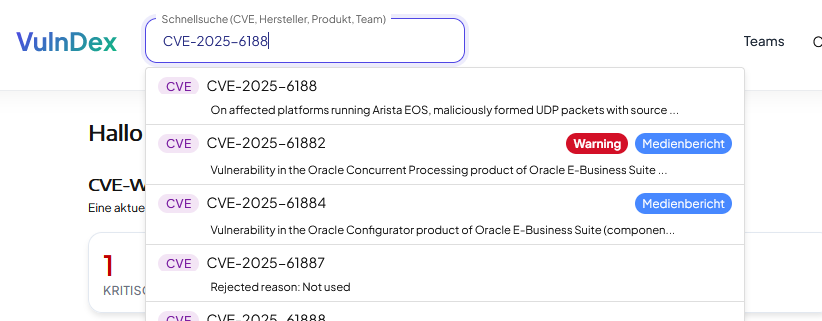 Schnellsuche nach einer CVE mit Ergebnissen