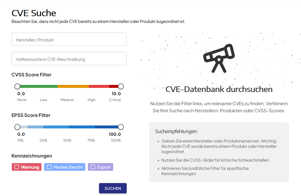 Ansicht der erweiterten CVE-Suche