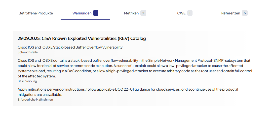 Warnung für eine CVE