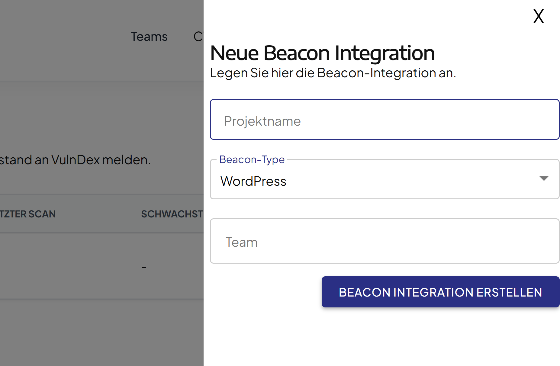 Sidebar zum Anlegen einer neuen Beacon-Integration