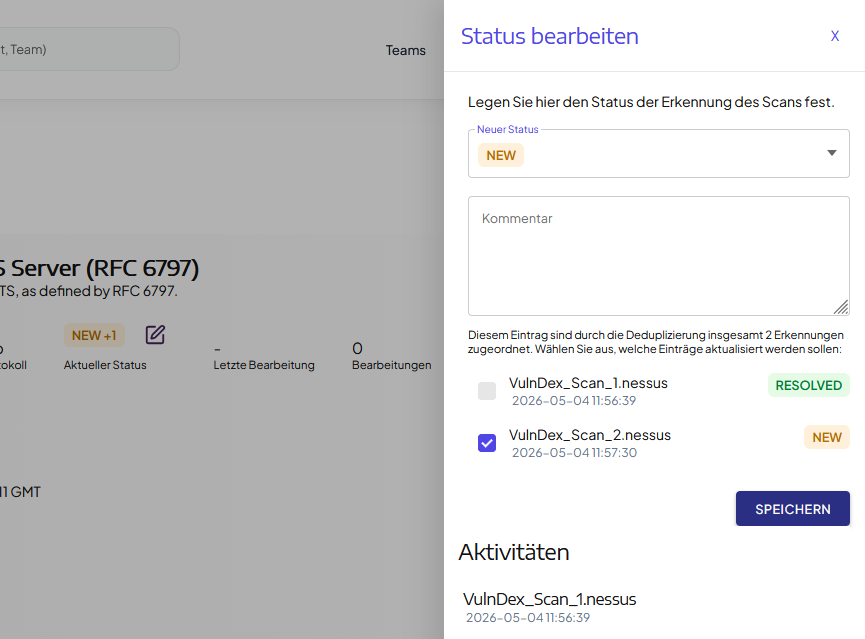In der Seitenansicht werden die zusammengehörigen Erkennungen sowie ihr jeweiliger Status angezeigt.