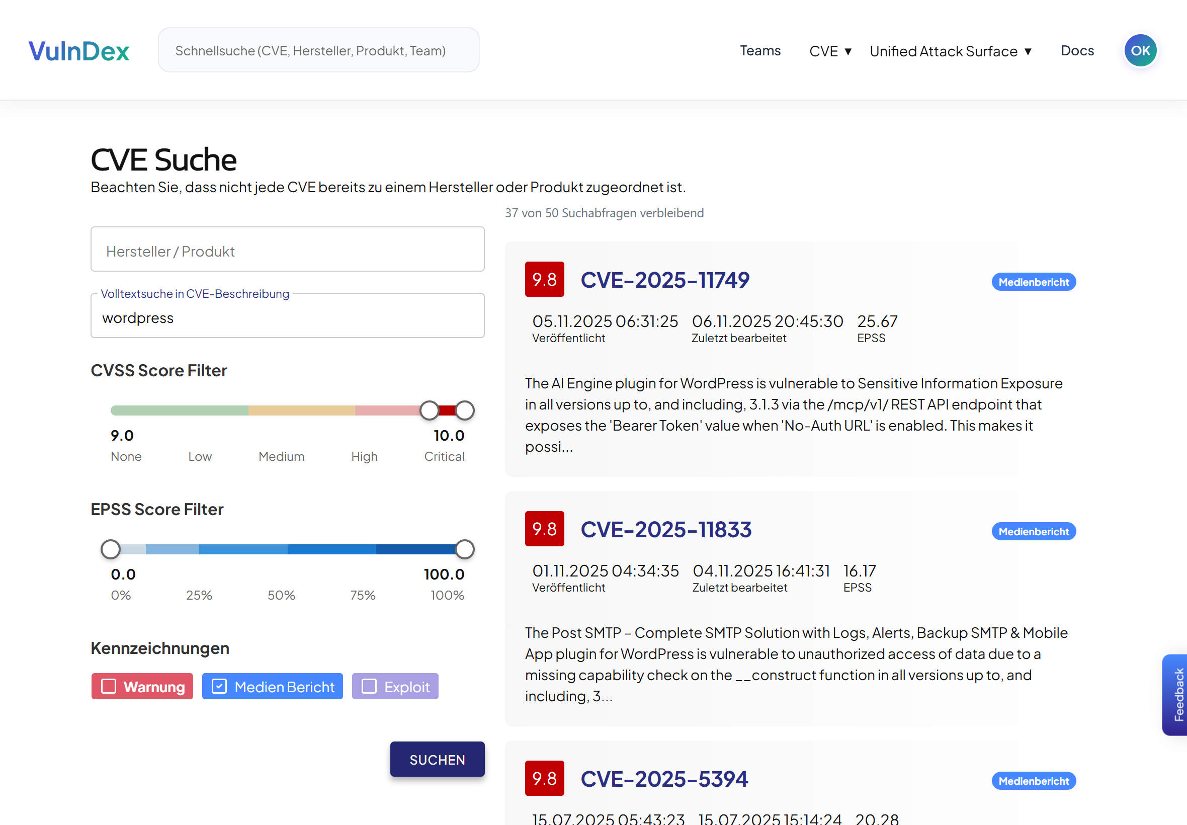 Team overview in VulnDex