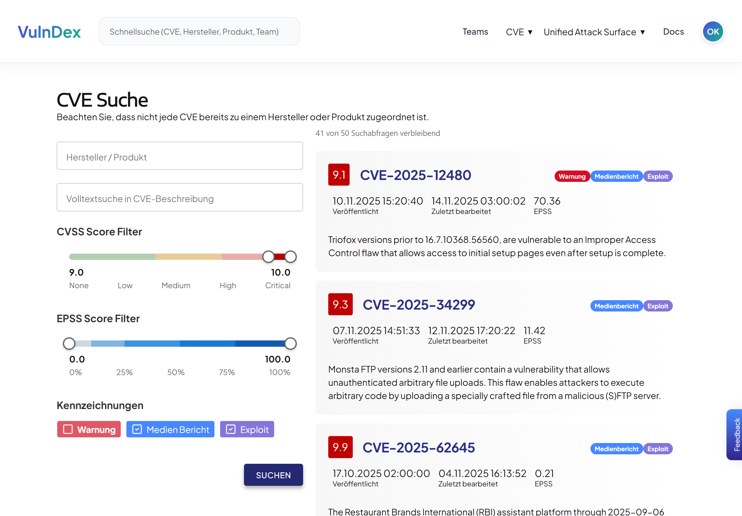 Team overview in VulnDex