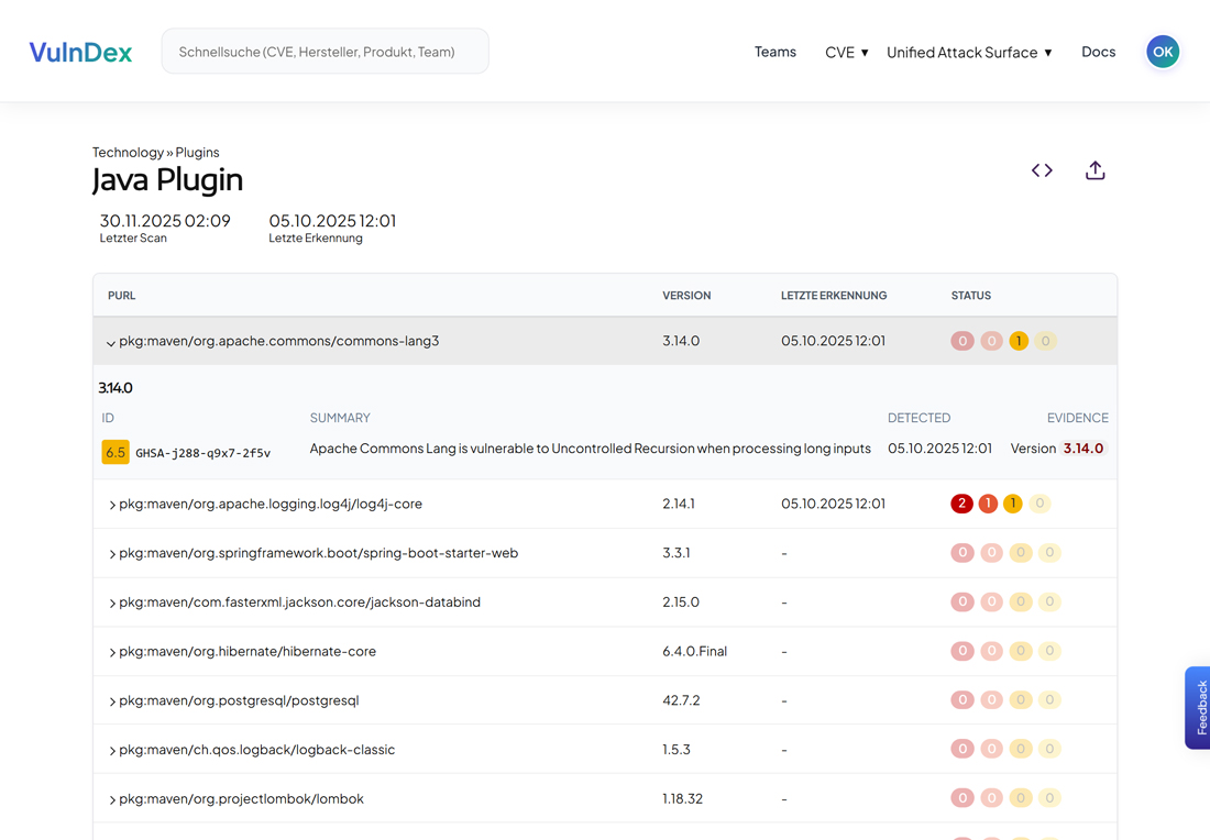 Anzeige der erkannten Schwachstellen einer SBOM-Datei.
