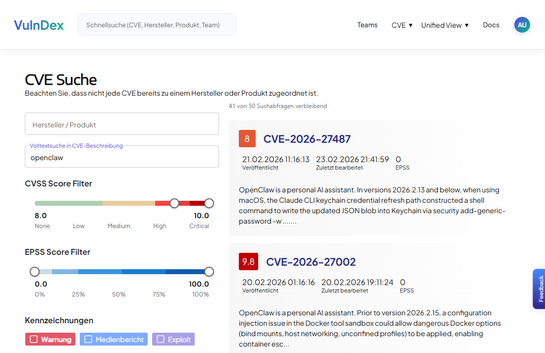 Erweiterte CVE-Suche mit unterschiedlichen Parametern.