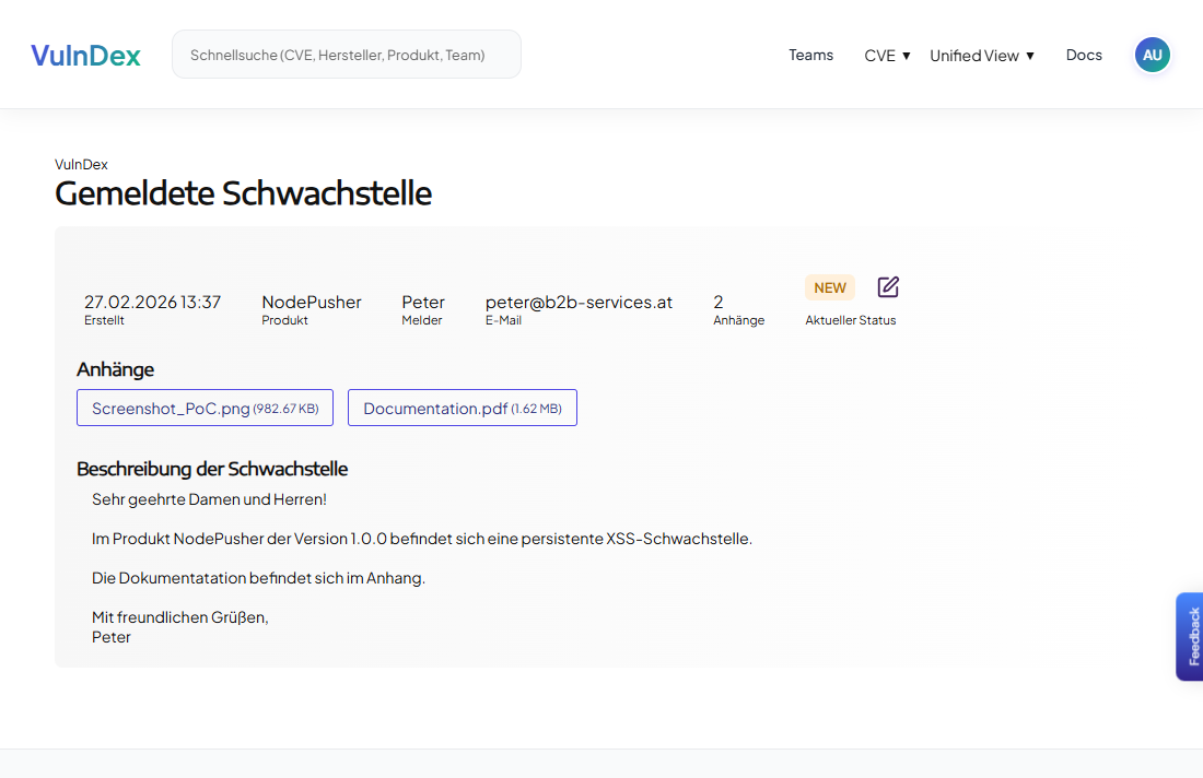 Ansicht einer gemeldeten Schwachstelle.