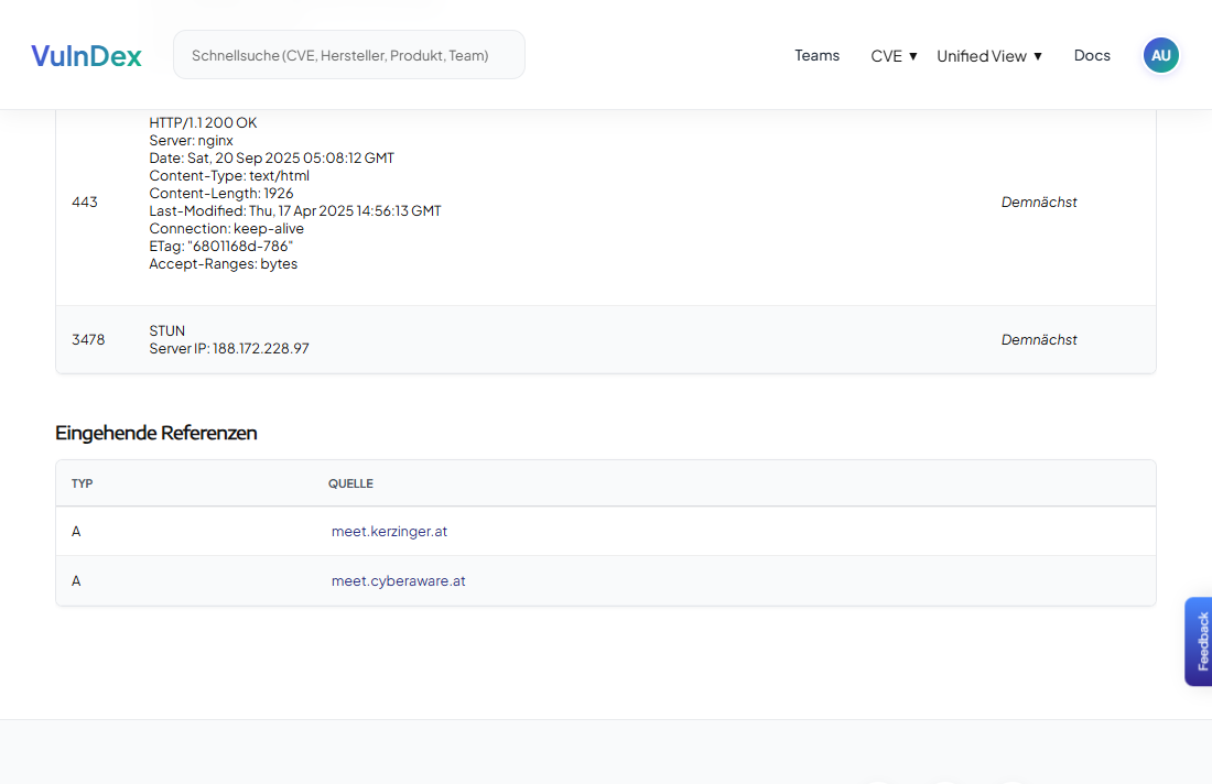 Ports und eingehende Referenzen für den Eintrag einer IP-Adresse.