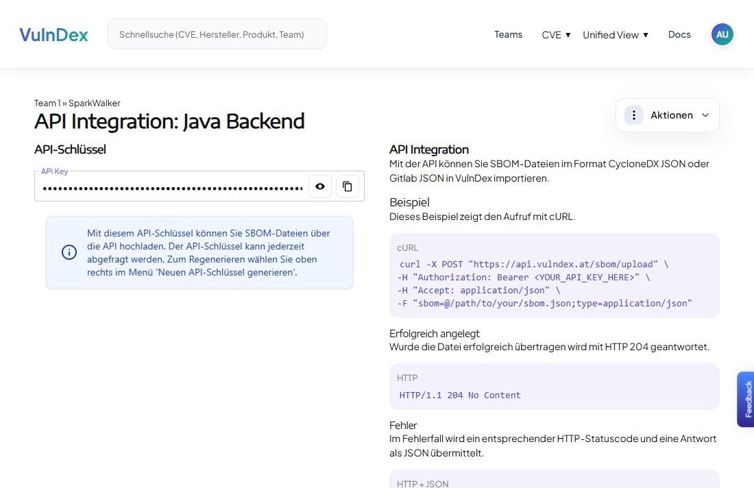 Einfache Integration in bestehende Workflows zum Übermitteln der SBOM-Dateien.