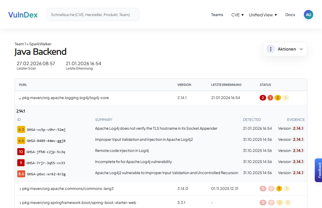 Anzeige der Erkennungen von Schwachstellen einzelner Komponenten.