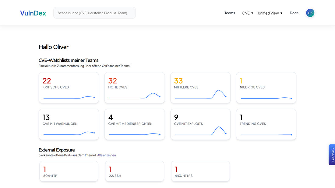 Dashboard mit Übersicht zu CVE-Watchlists und extern erreichbaren Diensten
