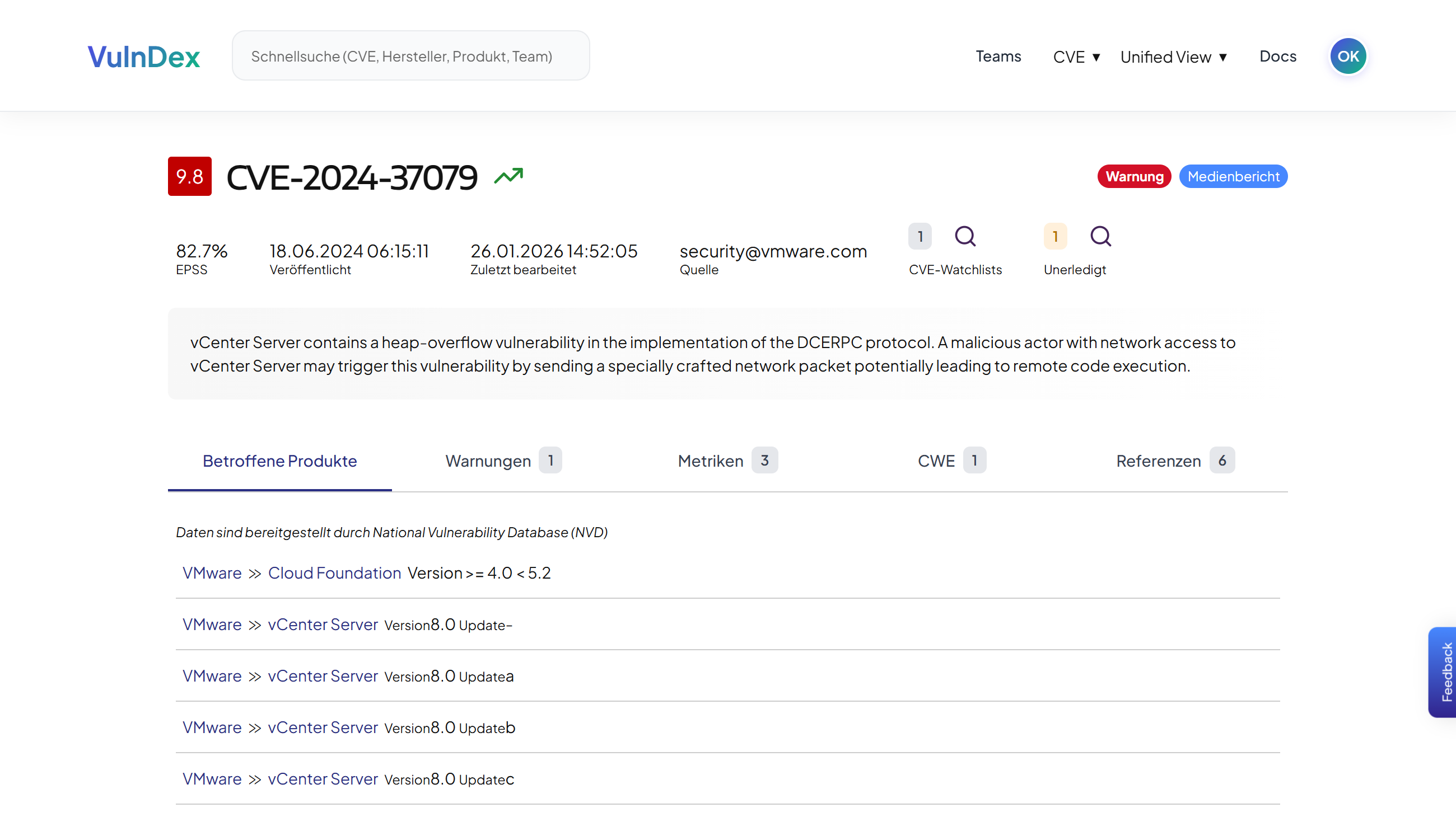 Detailseite einer CVE mit Beschreibung, betroffenen Produkten und Referenzen