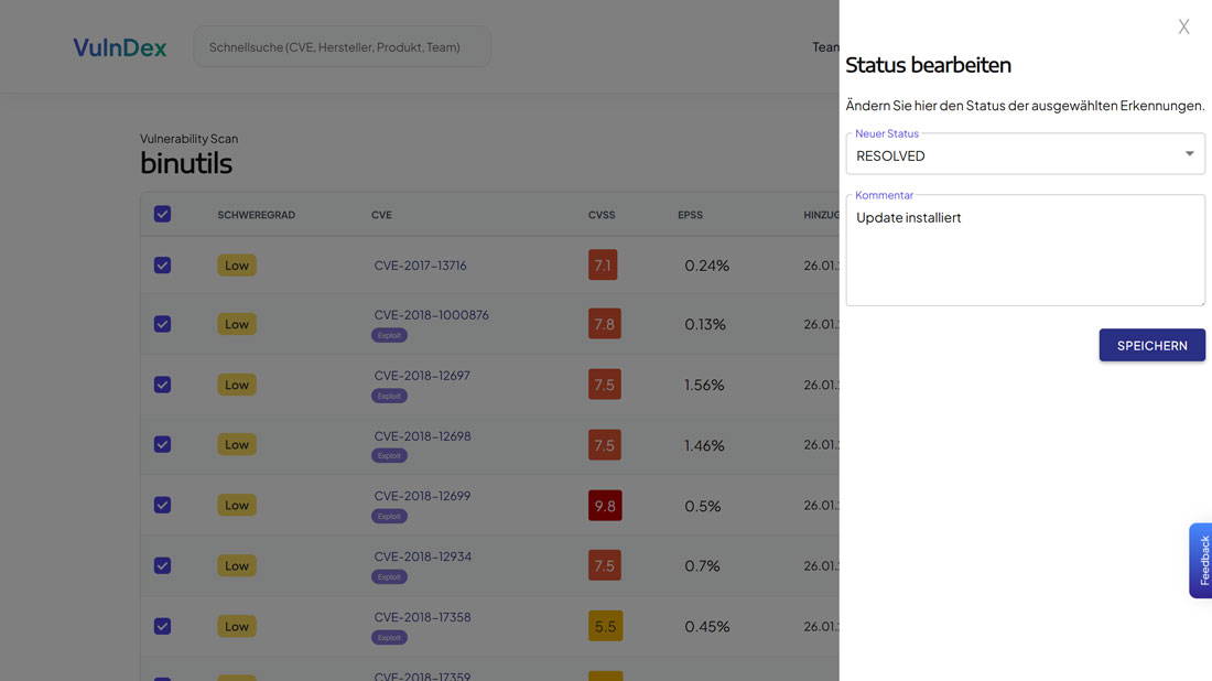 Importierte Schwachstellenscan-Erkennungen mit Statusübersicht