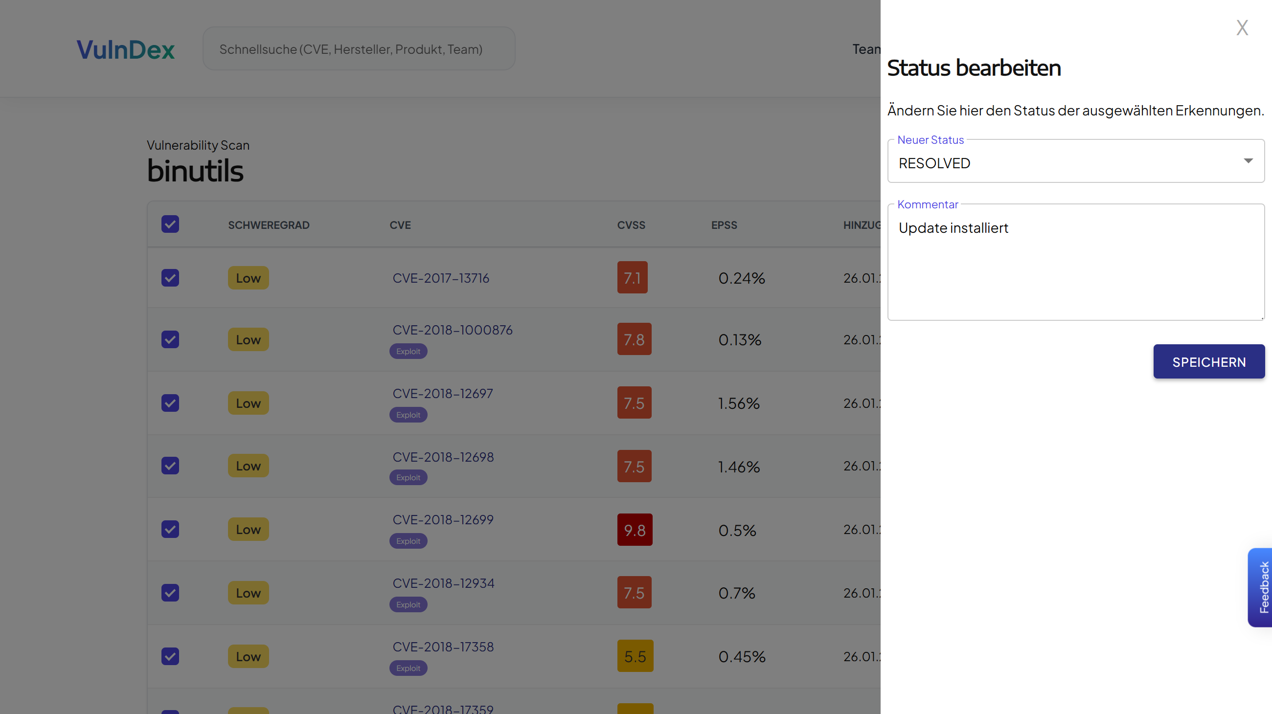 Importierte Schwachstellenscan-Erkennungen mit Statusübersicht