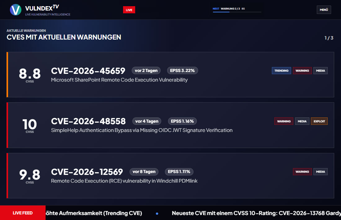 Warnungen, Medienberichte und neue Schwachstellen im Live-Feed.