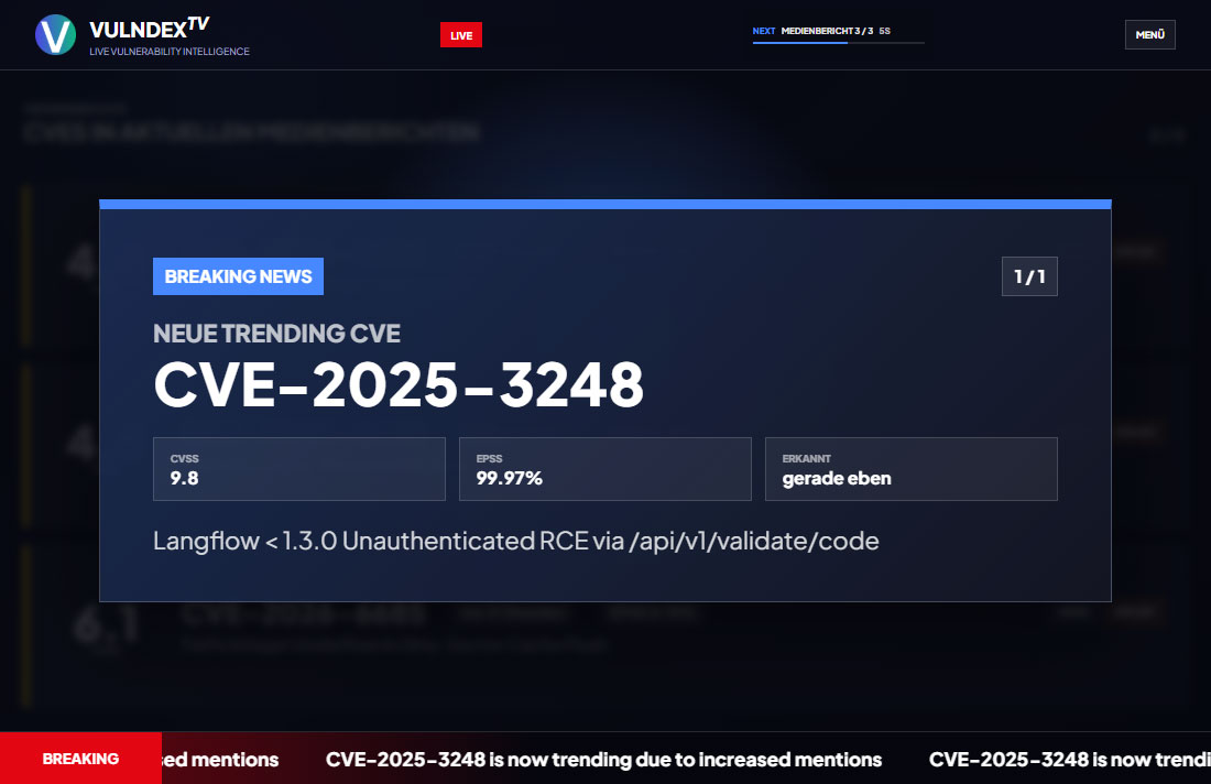 Trending CVEs und aktuelle Warnungen werden automatisch hervorgehoben.