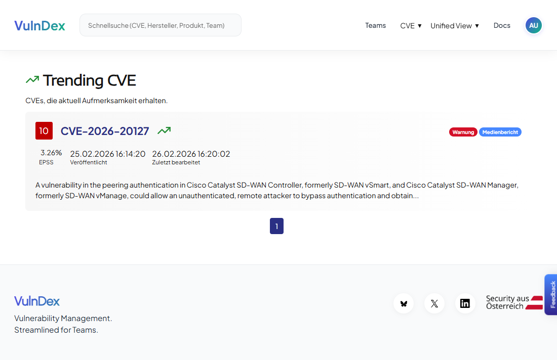 Trending CVE zeigen an, welche Schwachstellen gerade Aufmerksamkeit erhalten.