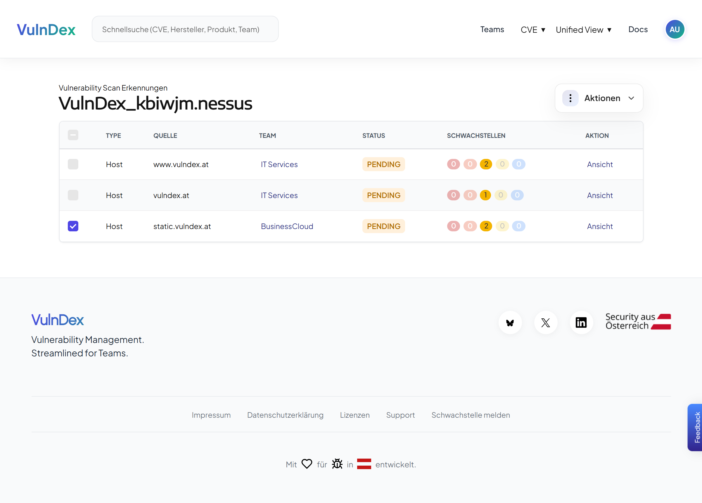 Einzelne Erkennungen aus einem Scan sind unterschiedlichen Teams zugeordnet.