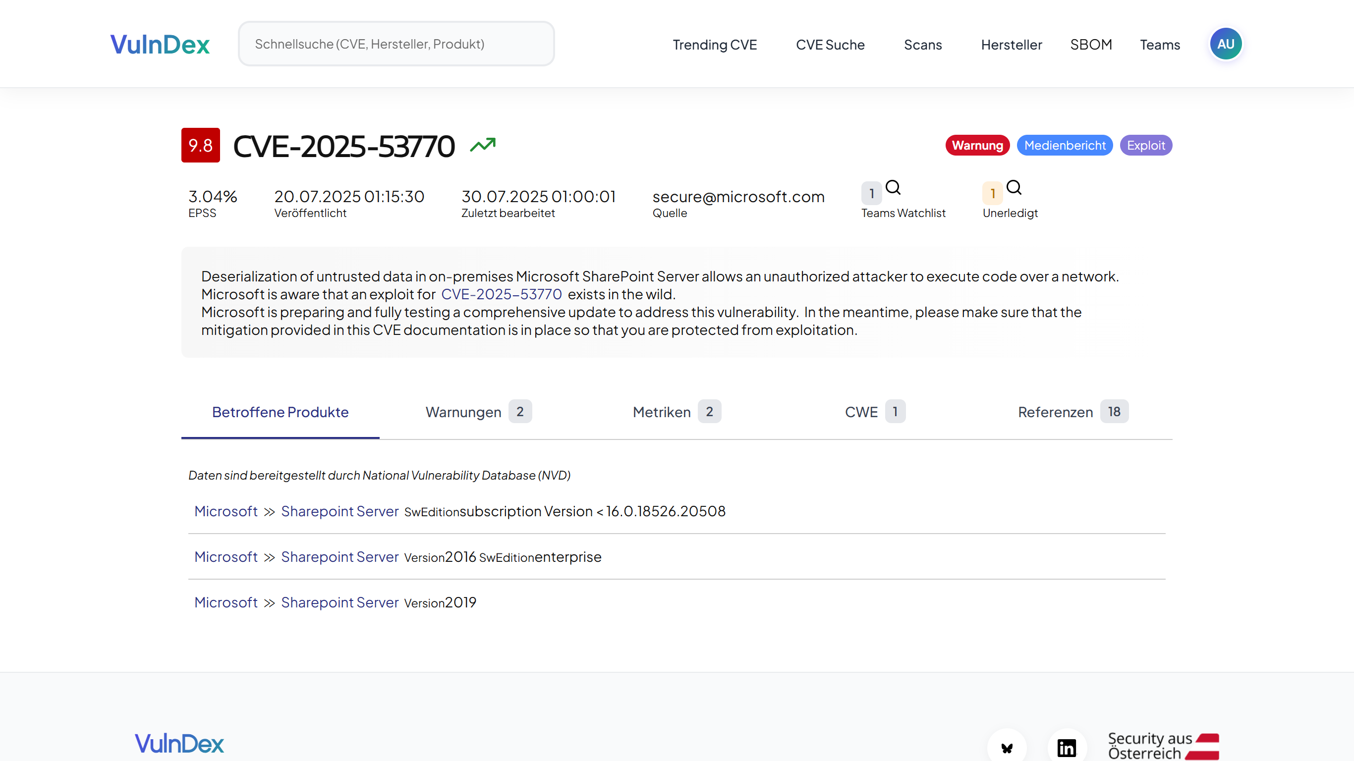 Teamübersicht in VulnDex